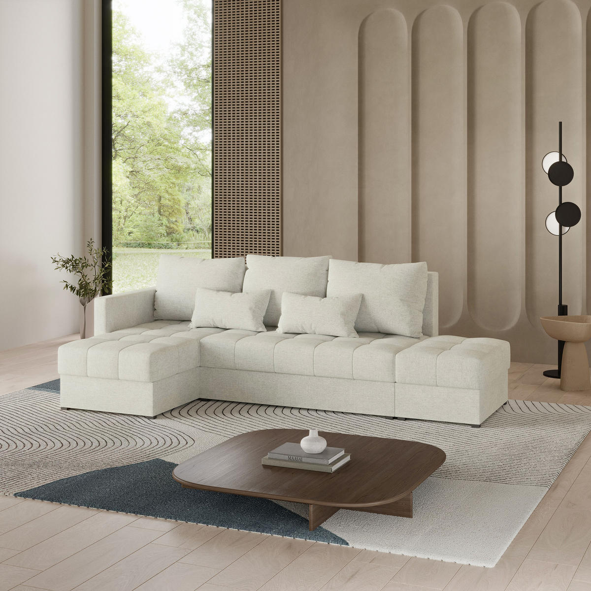 ECKSOFA LUMARI L-S Creme Plüsch-Stoff mit Schlaffunktion - Creme, Holz (261/143cm) - MASSENO