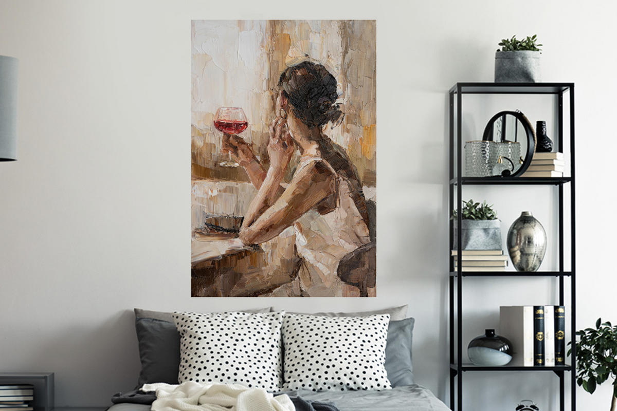 WANDTATTOO Ölgemälde - Frau - Wein 80x120 cm - Hellbraun, Kunststoff (80/120/0.1cm) - MuchoWow