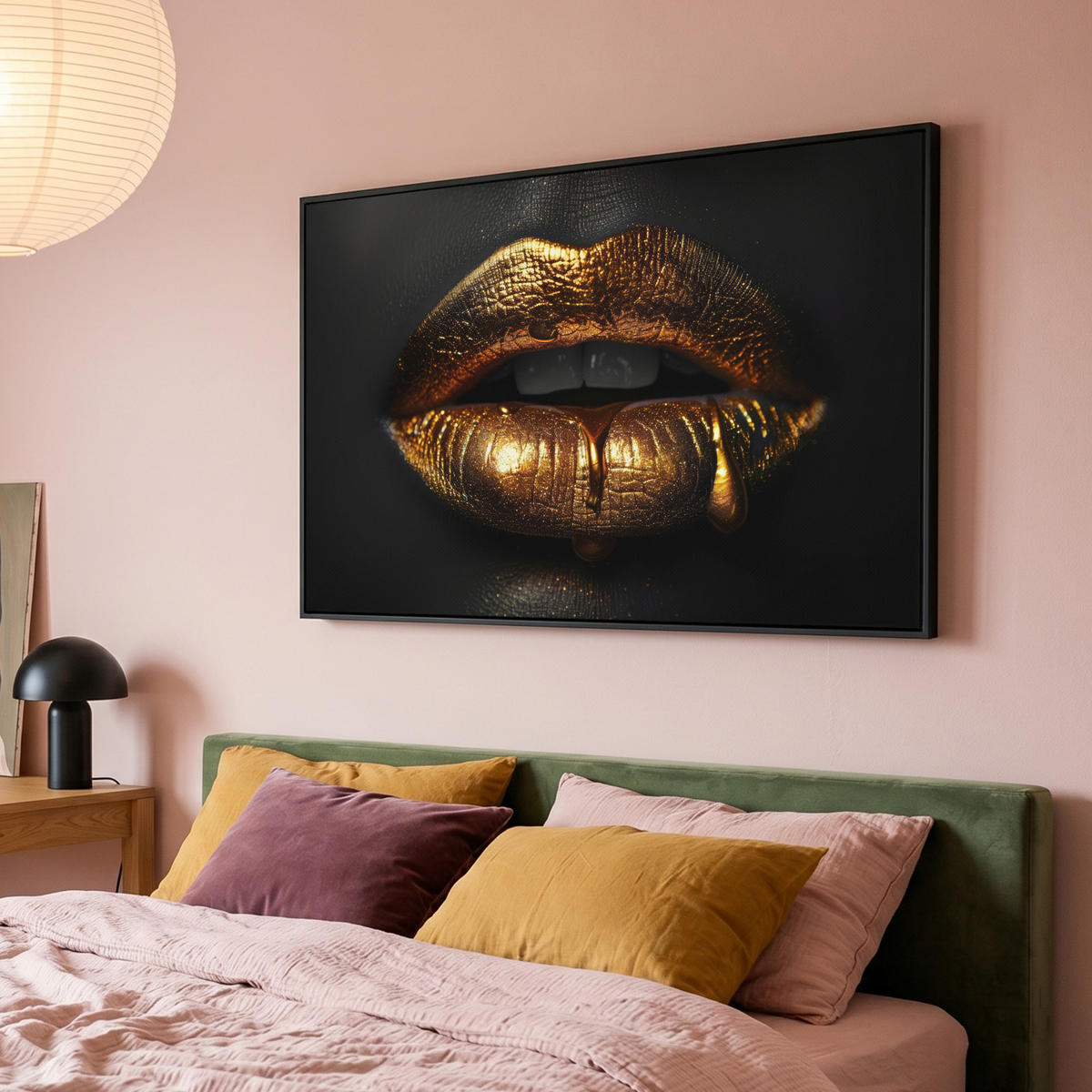 LEINWAND Bilder mit Rahmen - Frau - Porträt - Lippen - Gold - Schwarz - 120x80 - Schwarz, Textil (120/80cm) - MuchoWow