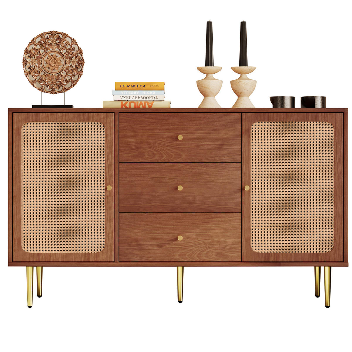 KOMMODE mit 2 Türen, 3 Schubladen, Rattan-Optik und verstellbaren Einlegeböden, 150 x 40 x 90 cm, Walnuss, Holz und Metall - Walnussfarben, Holzwerkstoff (150/90/40cm) - SONNENH