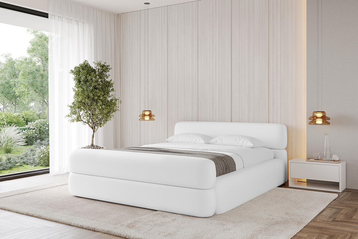 POLSTERBETT mit Bettkasten, Fußteil und Lattenrost, Boxbett mit Matratze H3/H4 - ENORA-Z-V1 180x200 Weiß Kunstleder - Weiß Hochglanz, Holzwerkstoff/Textil (180/200cm) - ALTDECOR