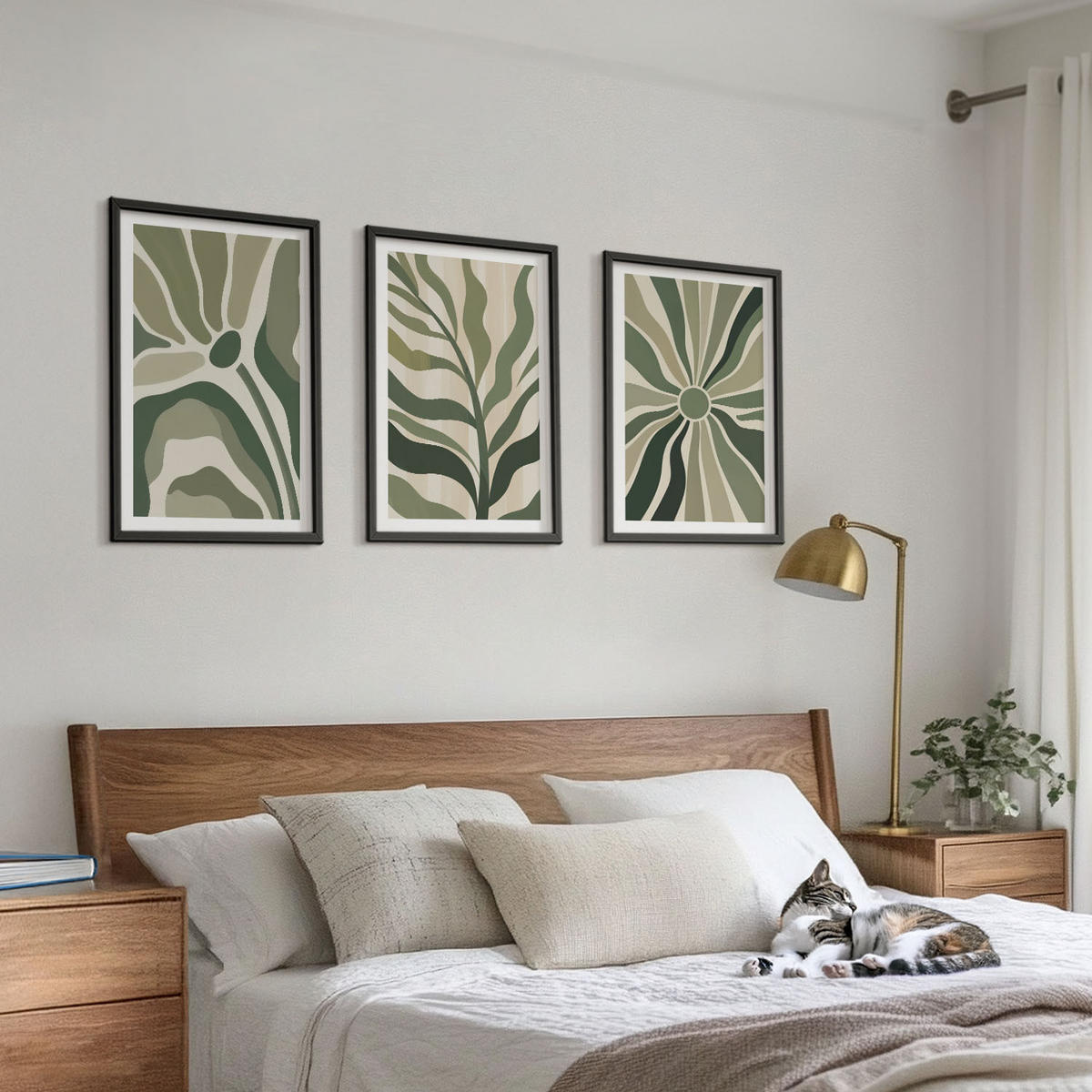 WANDBILDER 3er-Set - 40x60 cm Schwarzer Rahmen - Grüne und beige Pflanzenmuster - Schwarz, Kunststoff (40/60cm) - ArtPrintCave