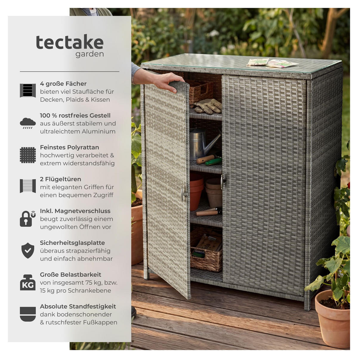 GARTENSCHRANK aus Aluminium Monza, 84,5 x 40,5 x 103,5 cm, grau - Grau, Kunststoff (84.5/103.5/40.5cm) - tectake