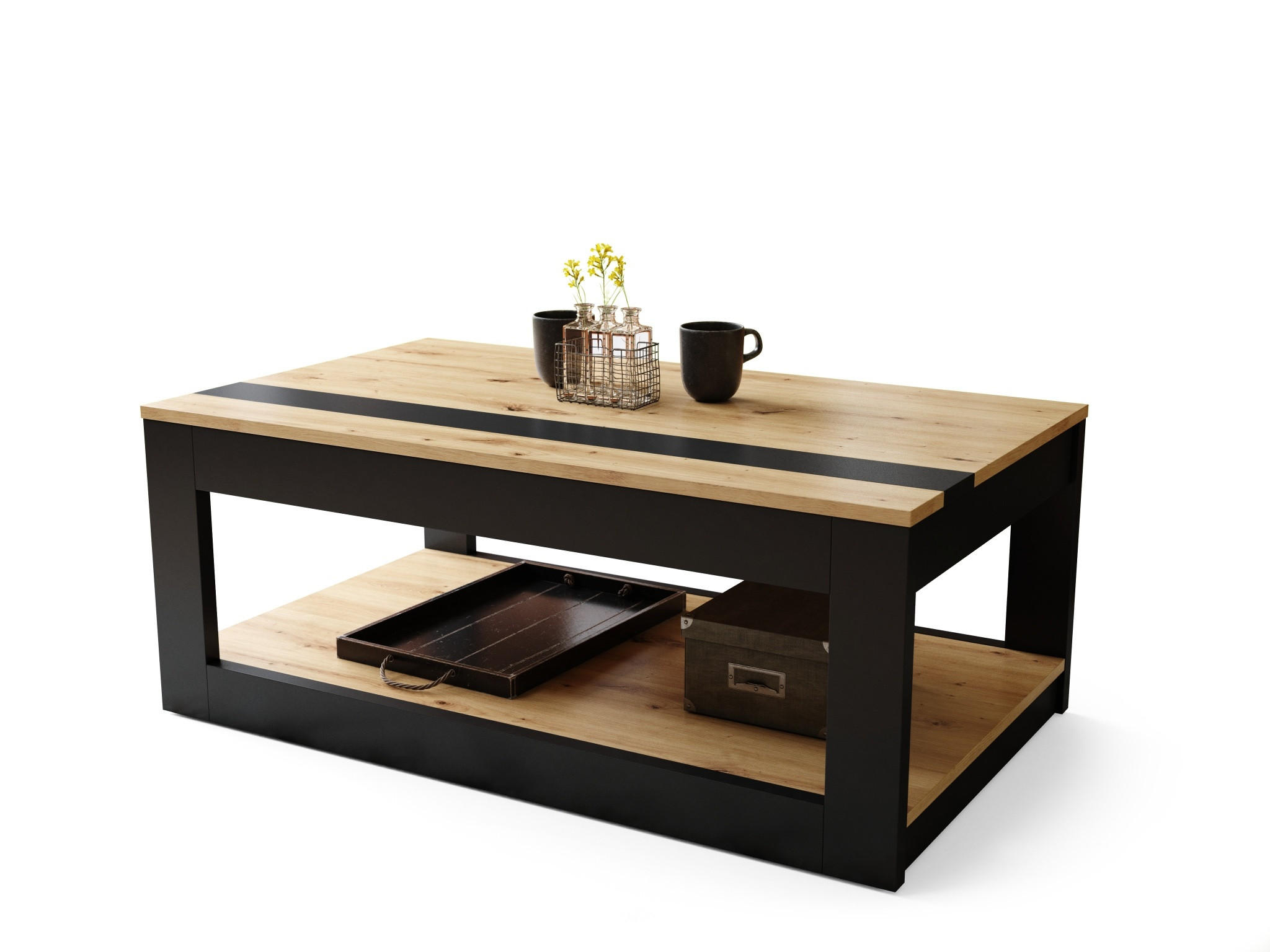 COUCHTISCH rechteckig Eiche Artisan Schwarz matt aufklappbar - Schwarz/Eiche Artisan, Holzwerkstoff (66/112/45cm) - designimpex