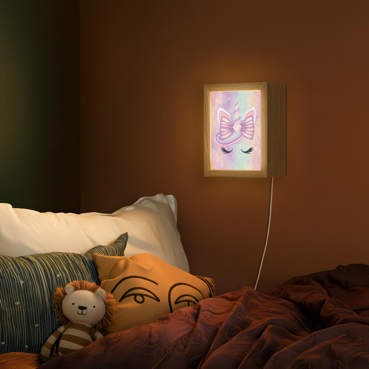 NÁSTĚNNÁ LAMPA Jednorožec - Třpytky - Duha - Pastelové barvy 15x20 cm - světle růžová, kompozitní dřevo (15/20/8cm) - OnlyWow