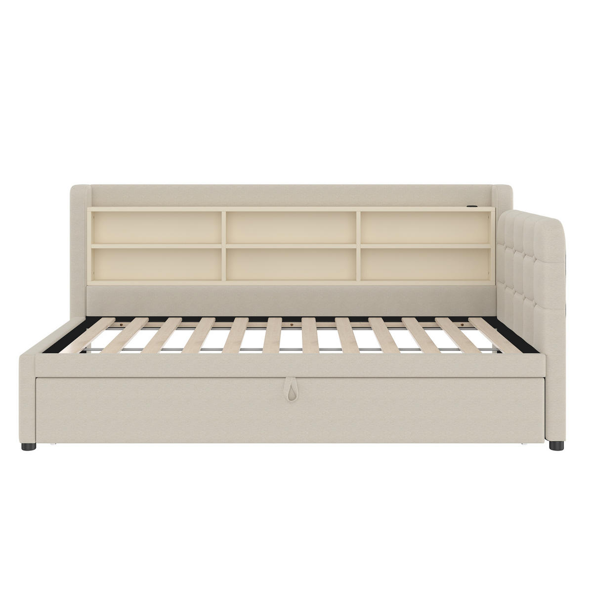 AUSZIEHBETT 90/180 x 200 cm in Beige mit USB- und Type-C-Anschlüssen, Ablagen - Beige, Textil (90/200cm) - Flora Grace