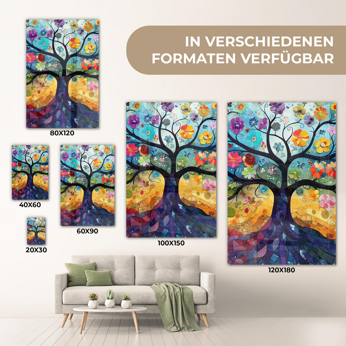 ACRYLGLASBILD Kunst - Baum des Lebens - Blumen - Hippie 40x60 cm - Dunkelblau, Glas (40/60cm) - MuchoWow