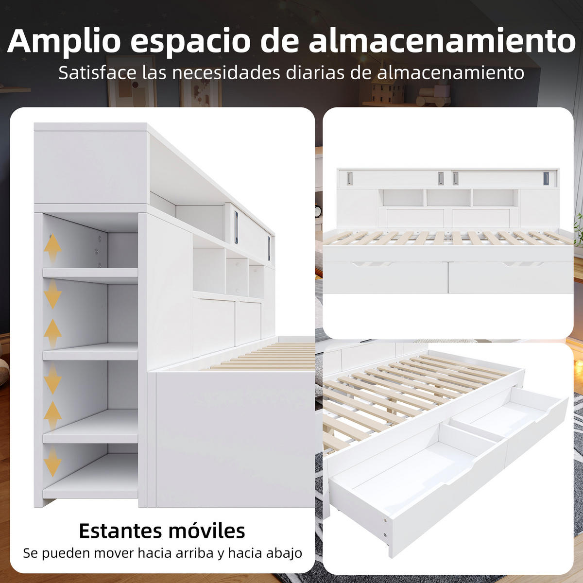 KINDERBETT 140/190 cm in Weiß mit 2 Schubladen, Regal und Schrank - Weiß, Holz/Holzwerkstoff (140/190cm) - WISHDOR