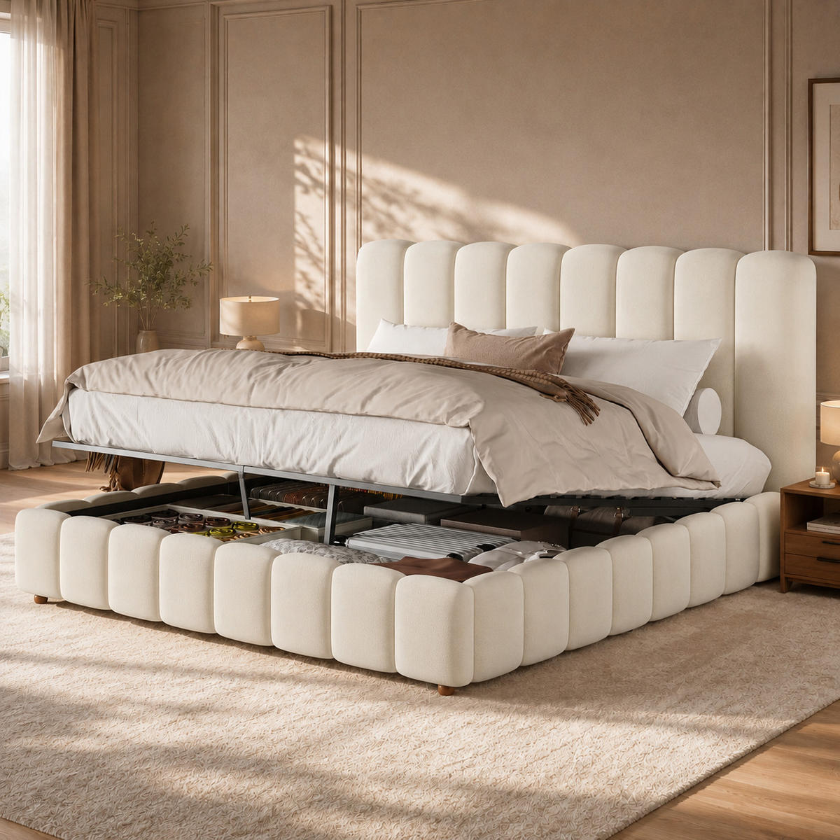 POLSTERBETT 160x200 cm Beige Samt mit Stauraum - Beige, Textil (160/200cm) - FLIEKS