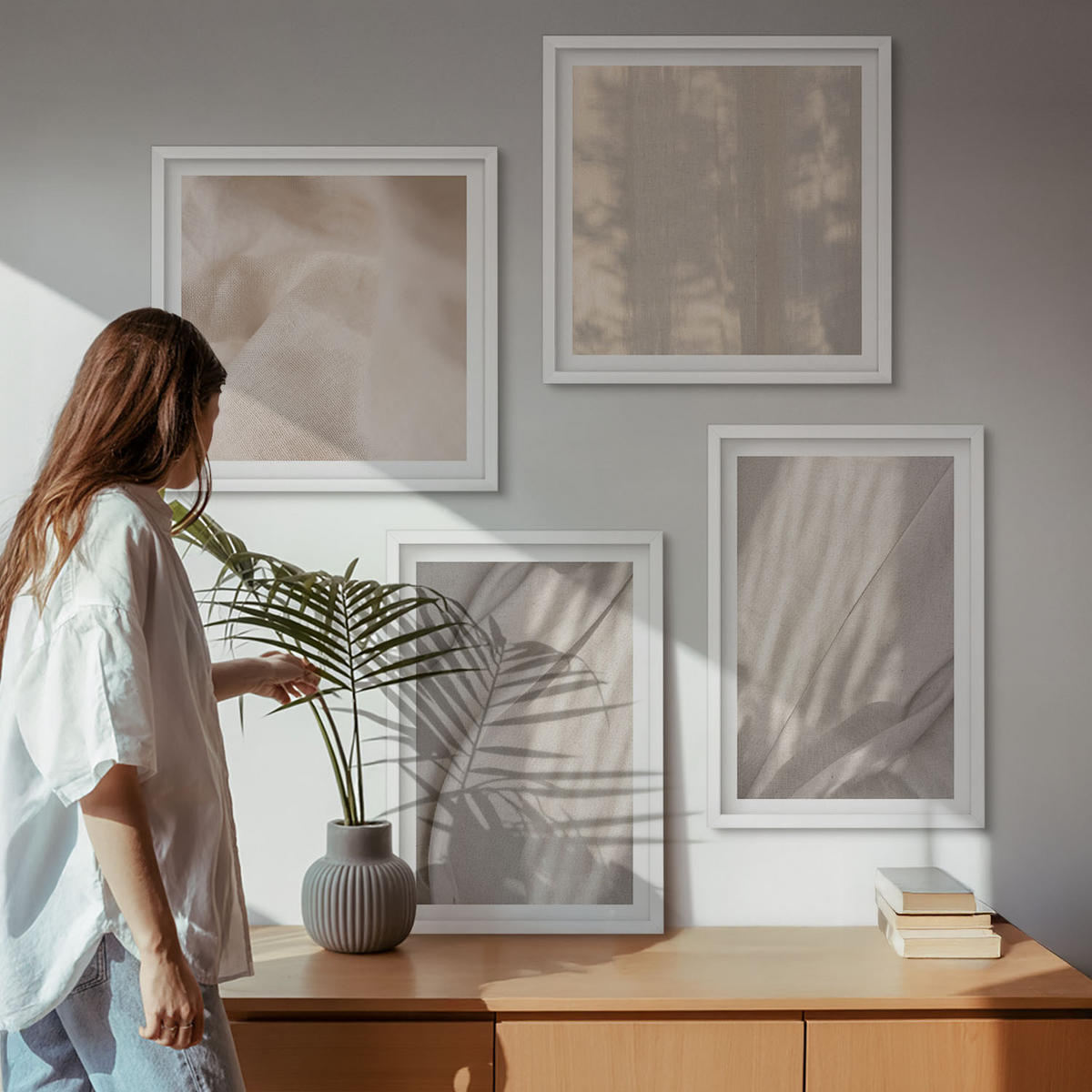 BILDER SET 4er Set - 50x50 cm & 40x60 cm Weißer Rahmen - Nahaufnahme von natürlichen Boho-Stoffen - Weiß, Kunststoff (50/50cm) - TULUP