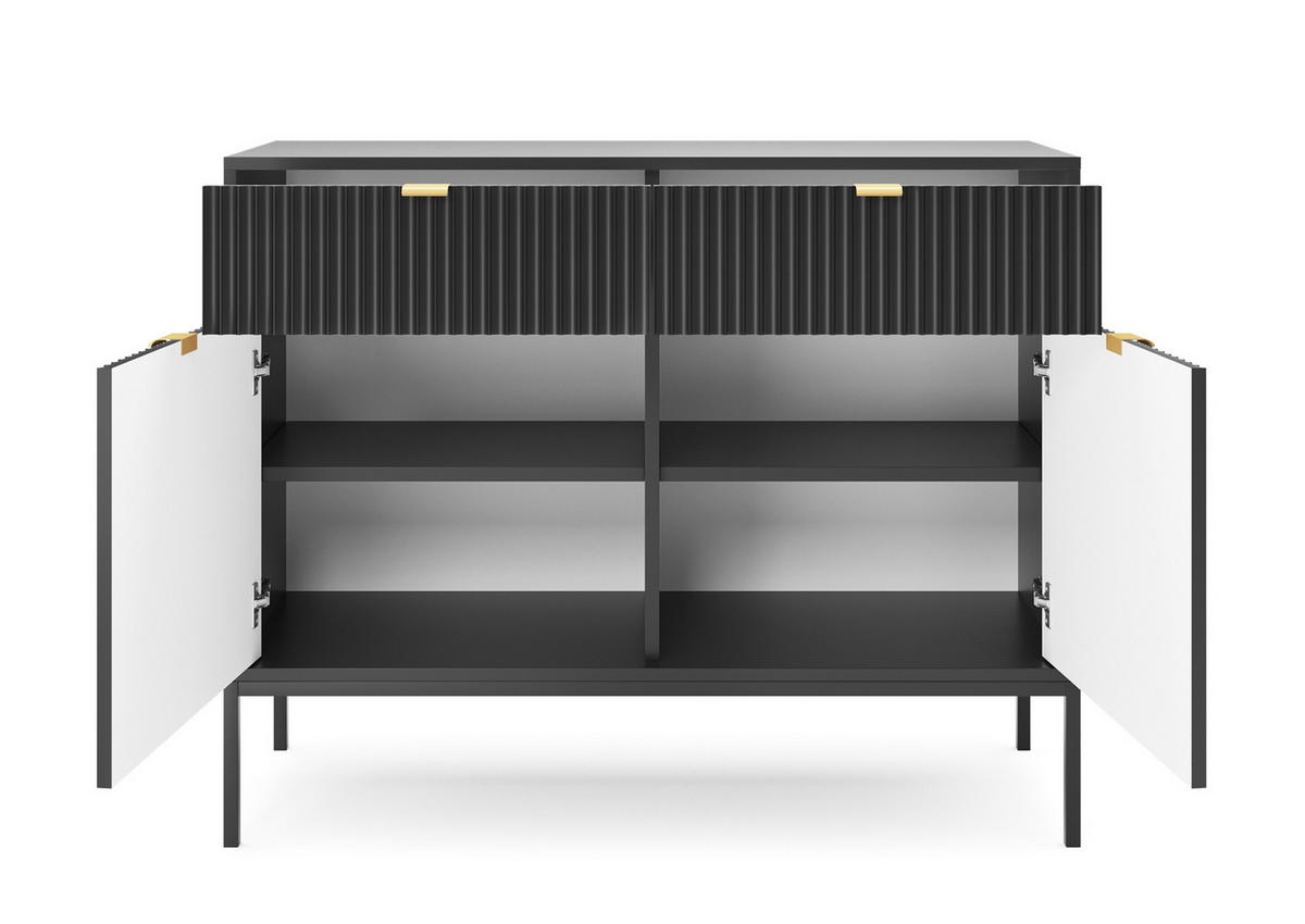 SIDEBOARD Eternas 2T 2S Schwarz 104/83/39 cm – schwarze Füße, mit geriffelten Fronten - Schwarz, Holzwerkstoff (104/83/39cm) - AX Living