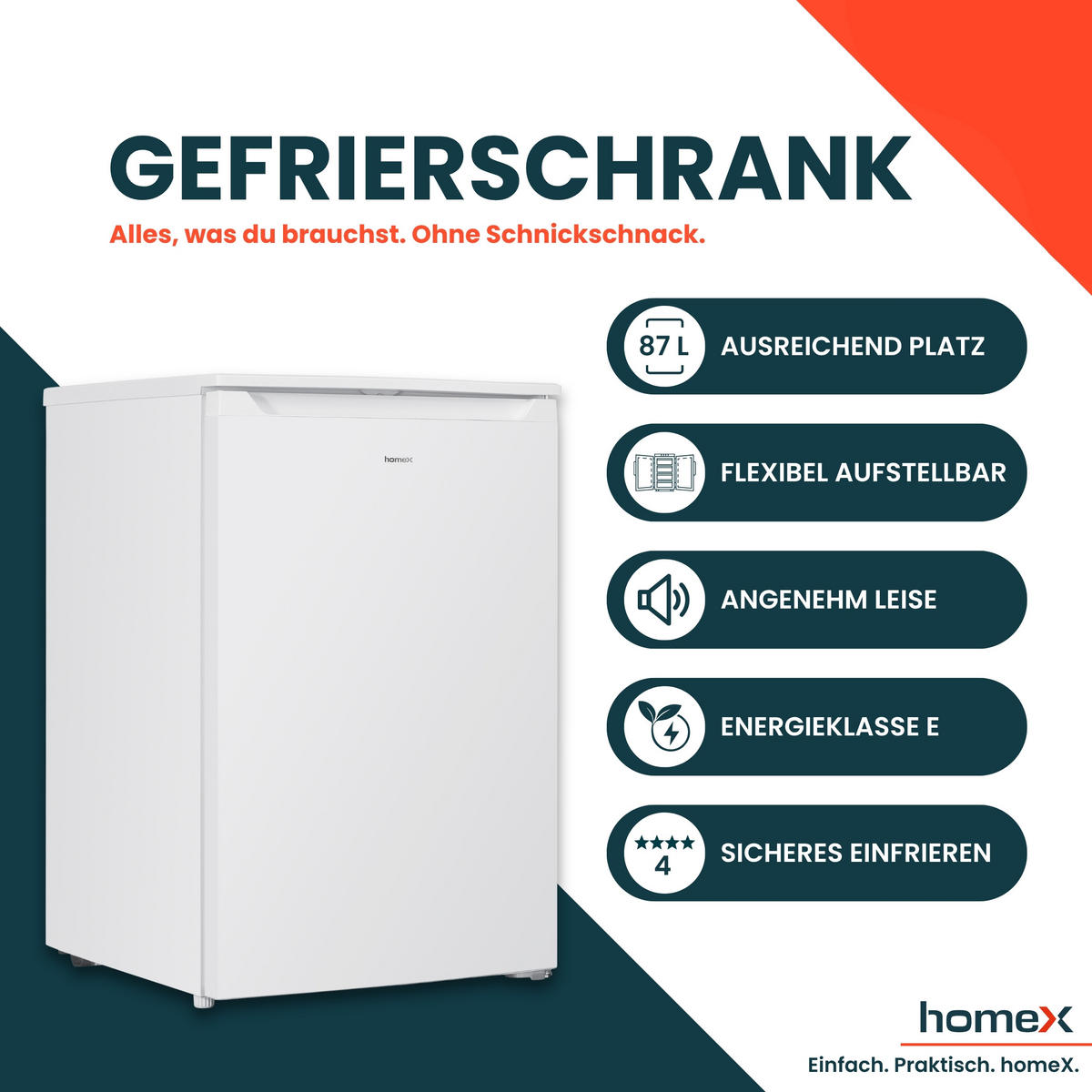 GEFRIERSCHRANK klein - 87L Nutzinhalt, 4-Sterne Gefrieren, kompakt und freistehend, leise, weiß - Weiß, Kunststoff/Metall (55/85/58cm) - homeX