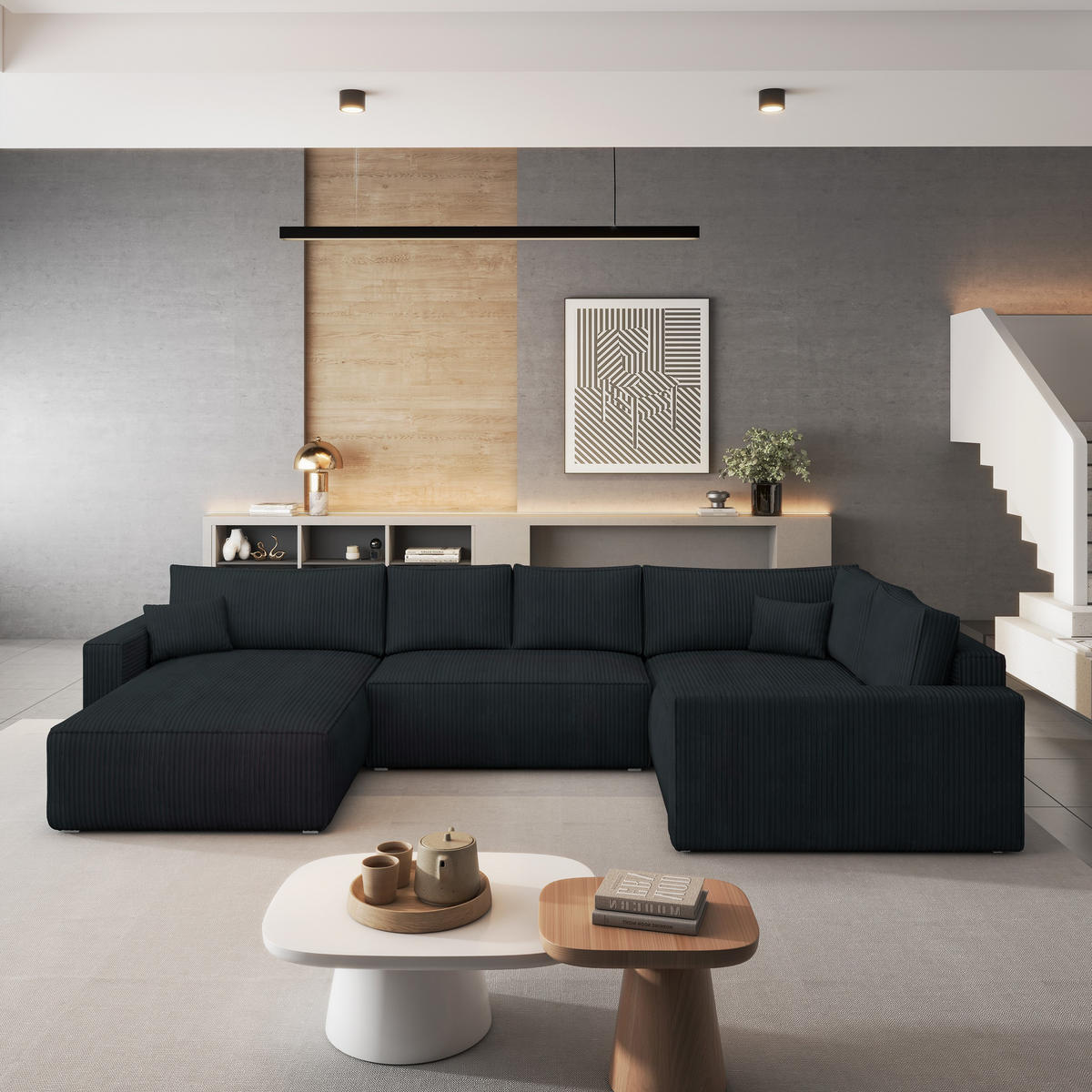 ROHOVÁ SEDAČKA VELAMI černá - šedá/černá, dřevo/textil (365/194cm) - MASSENO