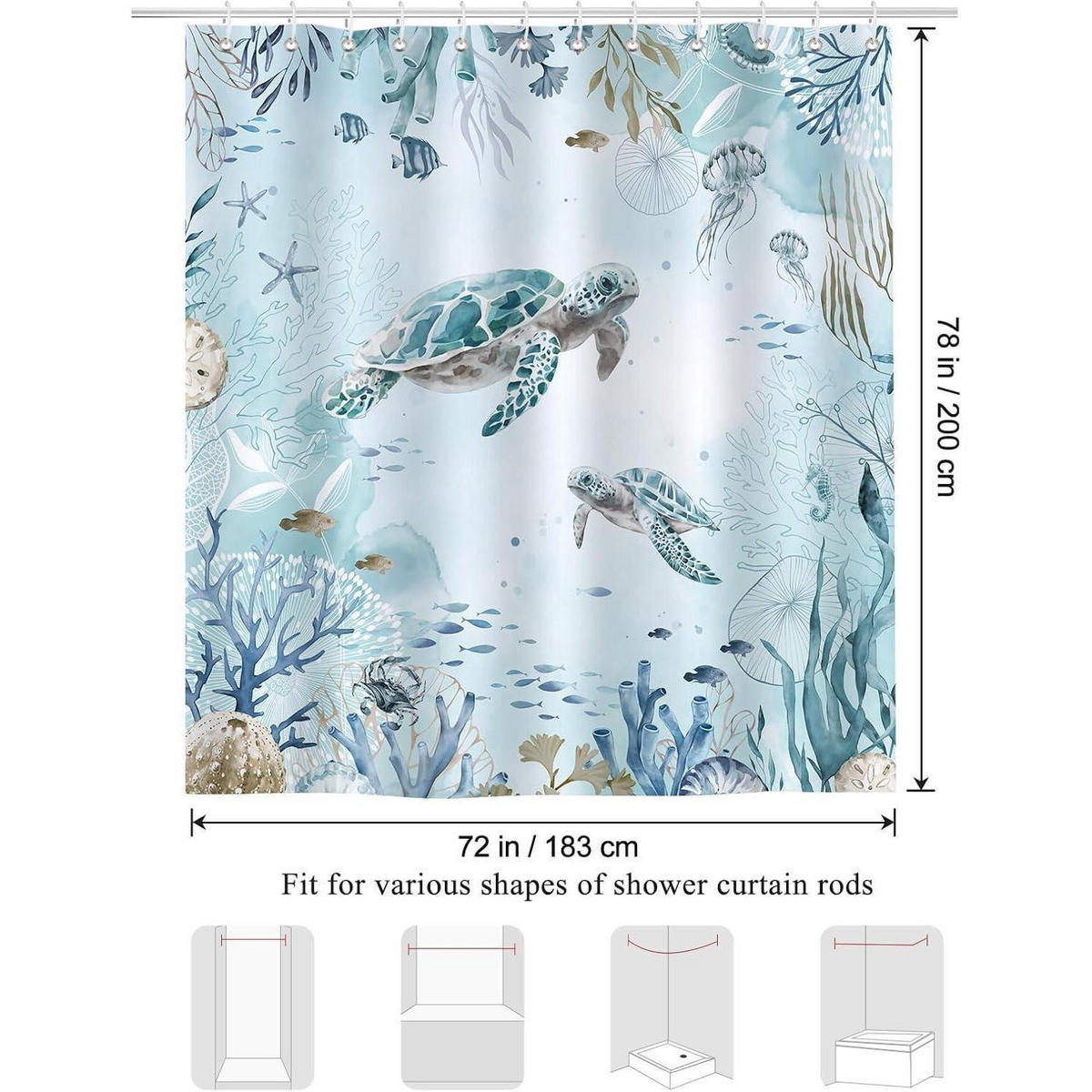 DUSCHVORHANG Meeresschildkröte 180 x 200 cm Wasserdicht Polyester - Blau, Textil (180/200cm)