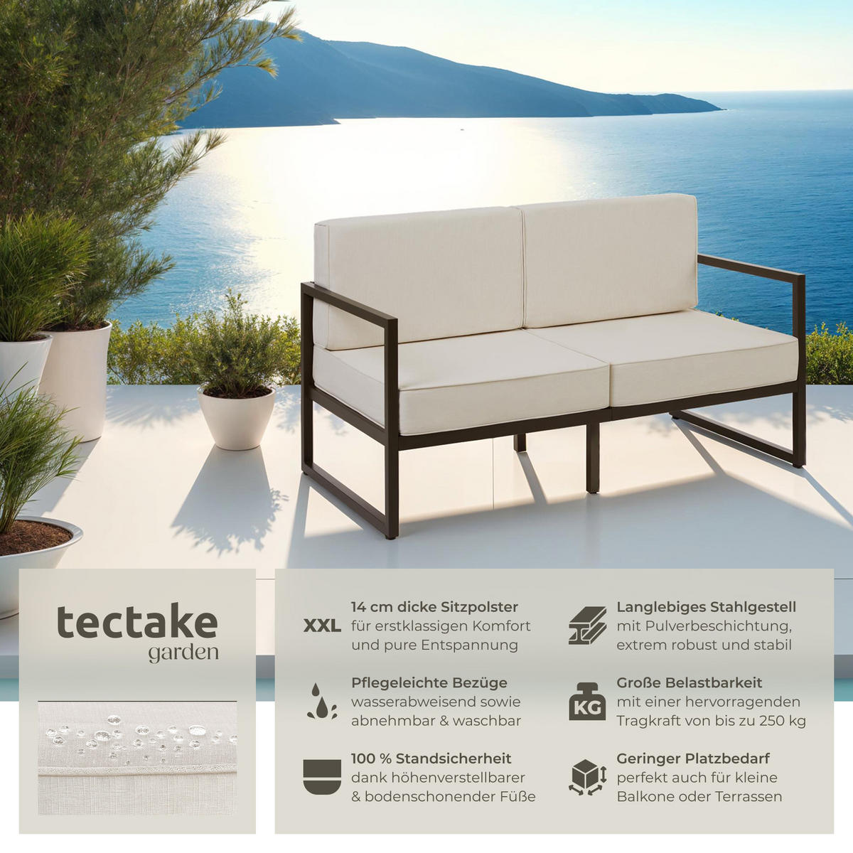GARTEN-LOUNGESOFA Comosa,142 x 78 x 85 cm,braun/beige - Beige/Braun, Kunststoff (142/85/78cm) - tectake