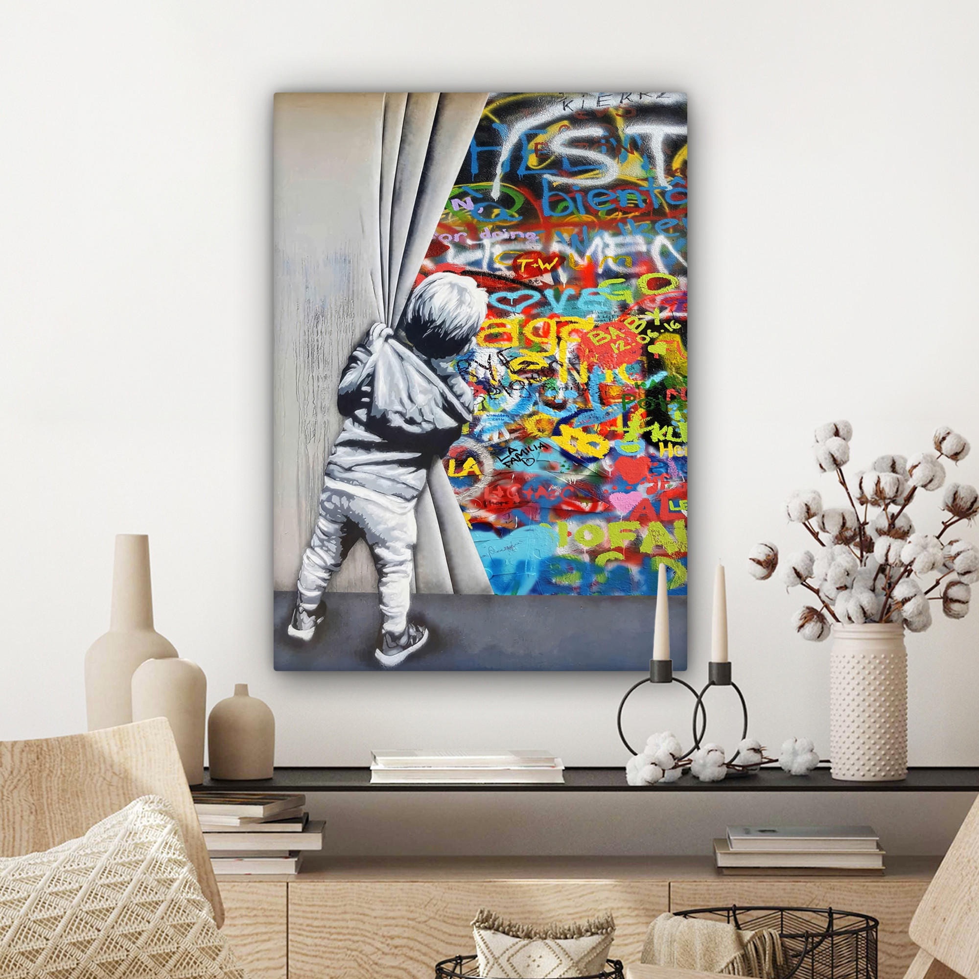 LEINWANDBILD Graffiti - Junge - Ilussie - Straßenkunst 60x80 cm - Hellgrau, Textil (60/80cm) - MuchoWow