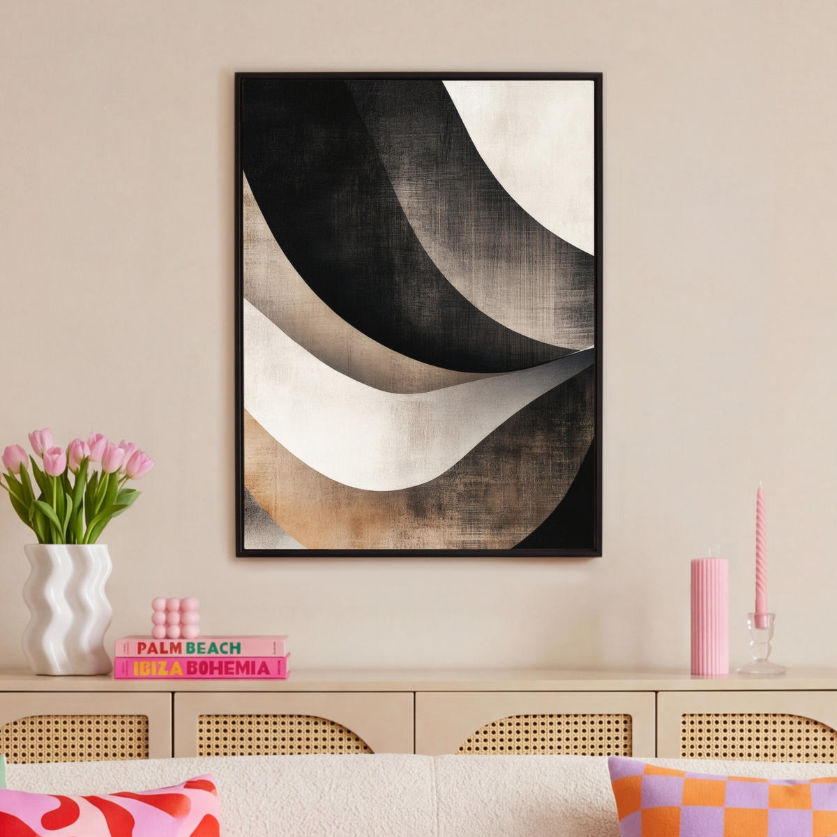 LEINWAND Bilder mit Rahmen - Abstrakt - Wellen - Schwarz - Verwittert - 70x100 - Trüffeleichefarben, Textil (70/100cm) - MuchoWow