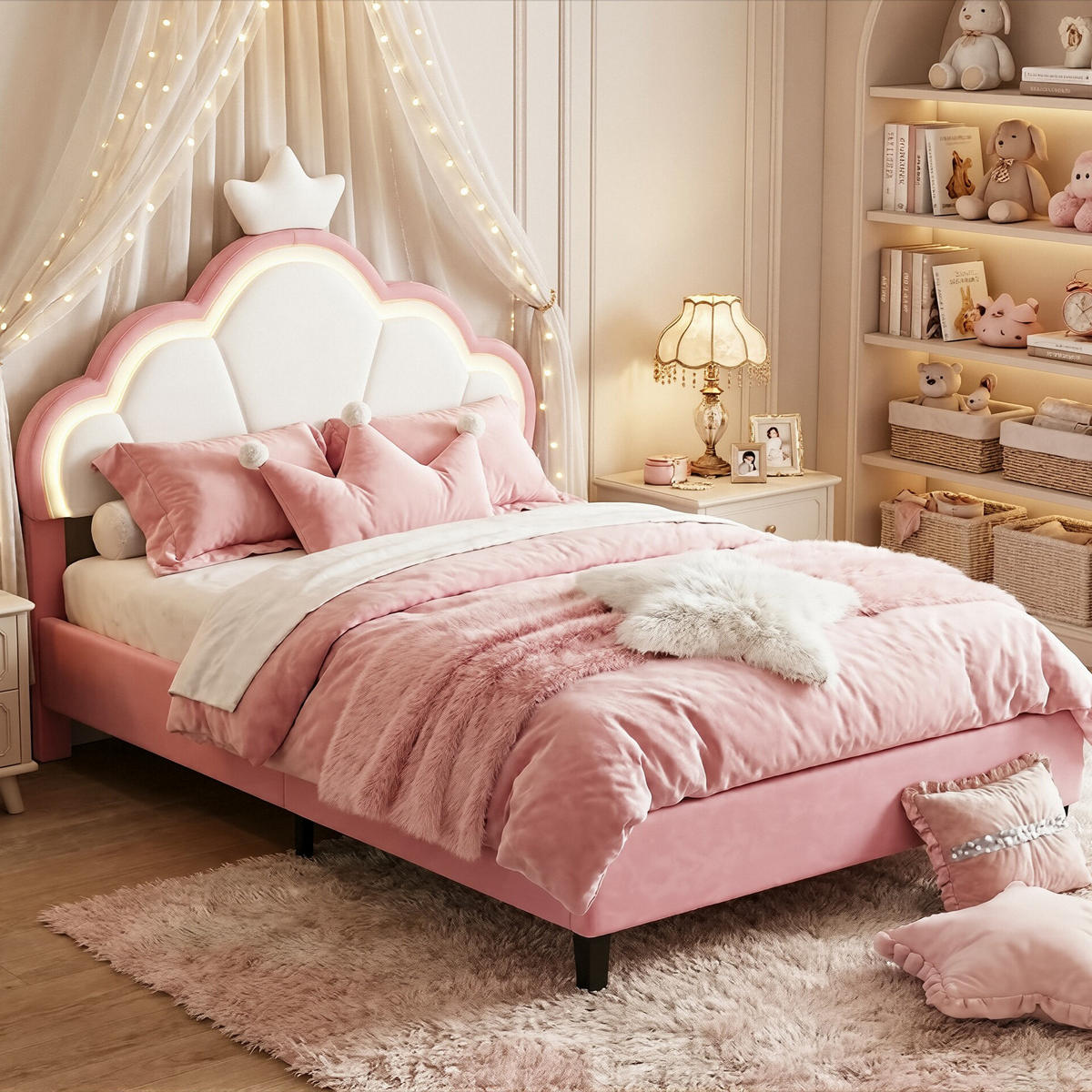 JUGENDBETT Sternenkrone mit RGB-LED & Wellen-Kopfteil 140/200 cm Samt Rosa/Weiß - Pink, Textil (140/200cm) - Creahappy