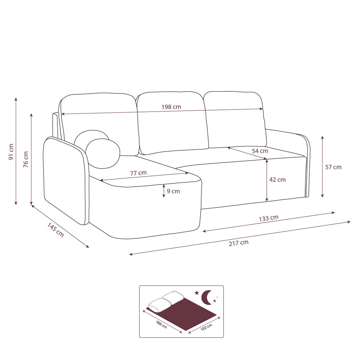 ECKSOFA CASPER L Links mit Schlaffunktion 132x198 Cord Hellbraun - Hellbraun/Schwarz, Holz/Kunststoff (217/145cm) - Muffo