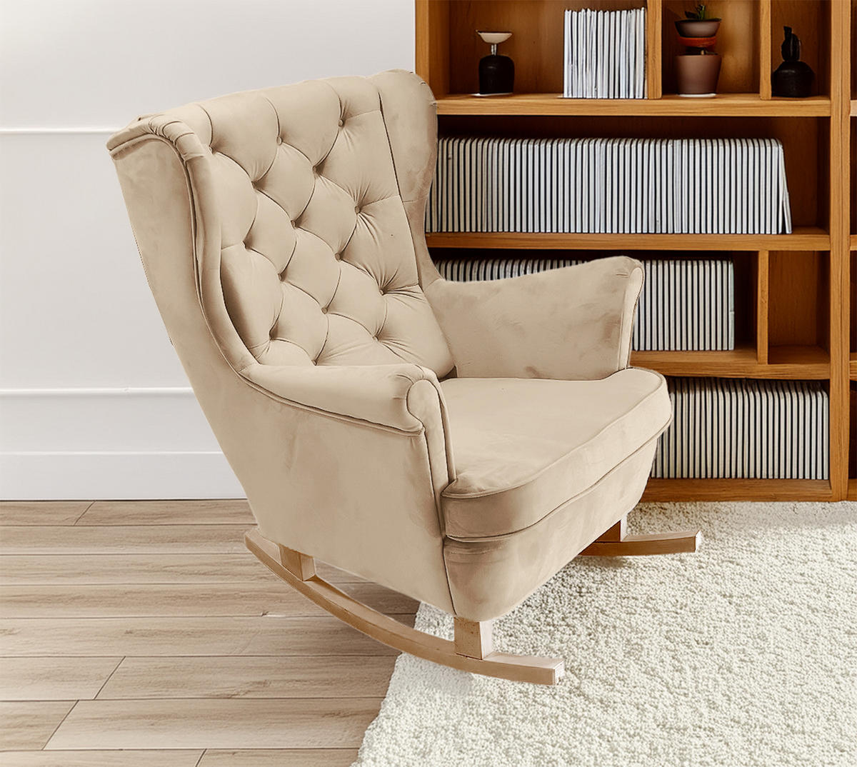 SCHAUKELSESSEL mit gepolstertem Sitz und Armlehnen, 102x81x95 cm, Beige_29803 - Buchefarben/Weiß, Holz/Textil (81/102/95cm) - DomoHome