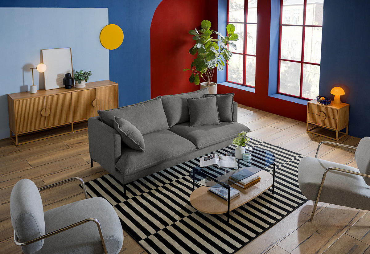 3-SITZER SOFA - Webstoff / Metall - Dunkelgrau, Textil/Metall (216/101/82cm) - home24