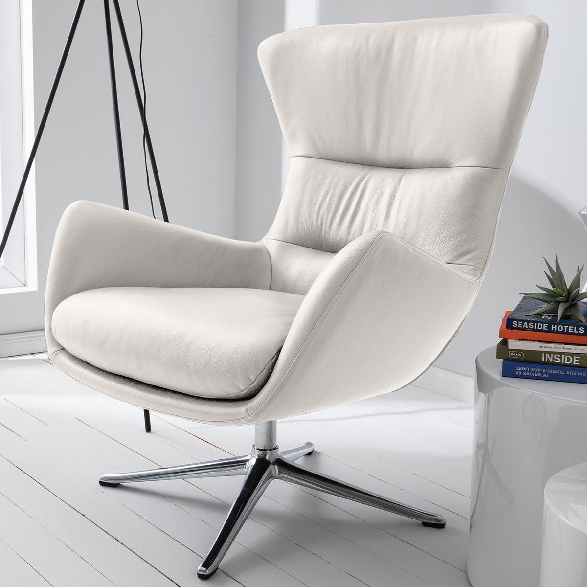 SESSEL mit Kreuzfuß - Chromfarben/Weiß, Leder/Metall (84/99/96cm) - home24