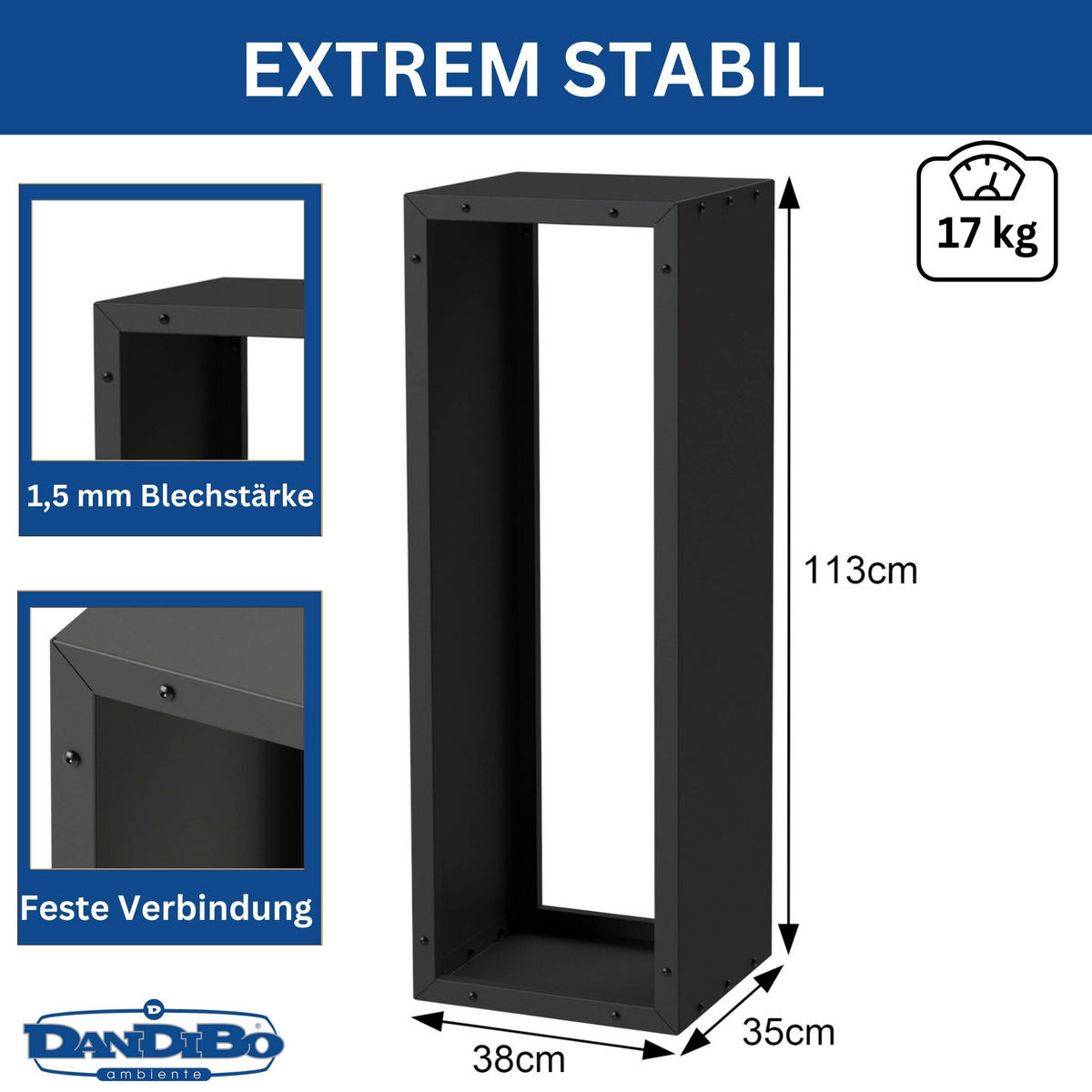 KAMINHOLZREGAL Innen Metall Schwarz Stehend Modern - Schwarz, Metall (38/113/35cm) - DanDiBo