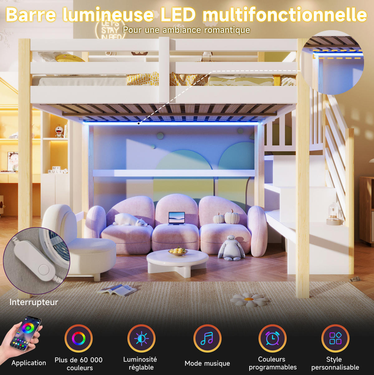HOCHBETT 140x200 cm in Weiß/Natur mit LED-Beleuchtung und Stauraumtreppe - Weiß, Holz (140/200cm) - IVMEU