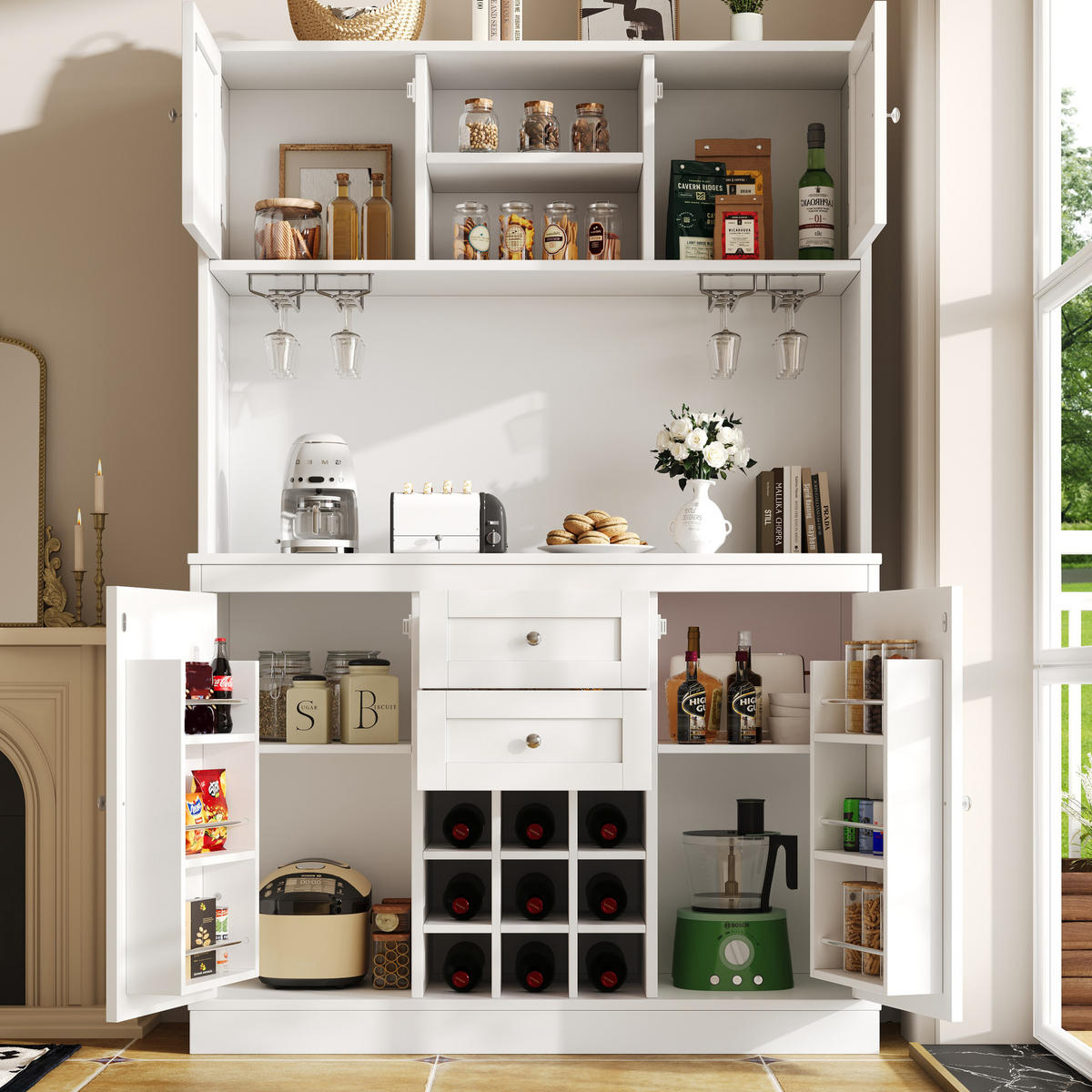 BUFFET 120/40/188 cm Weiß aus MDF mit Weinregal - Weiß, Holzwerkstoff (106/179.5/40cm) - OKWISH