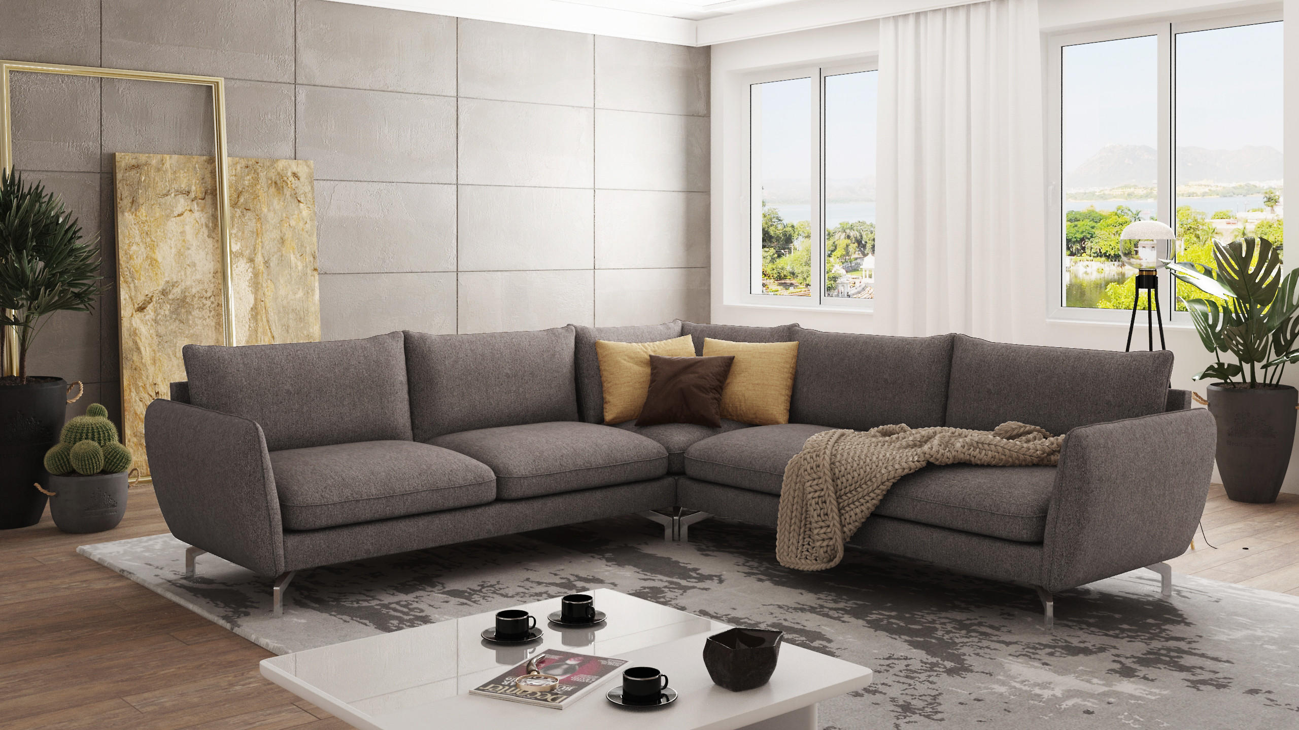 ECKSOFA Elou Braun - Khaki Microfaser - Chromfarben/Dunkelbraun, Holz/Textil (276/276cm) - S-Style Möbel
