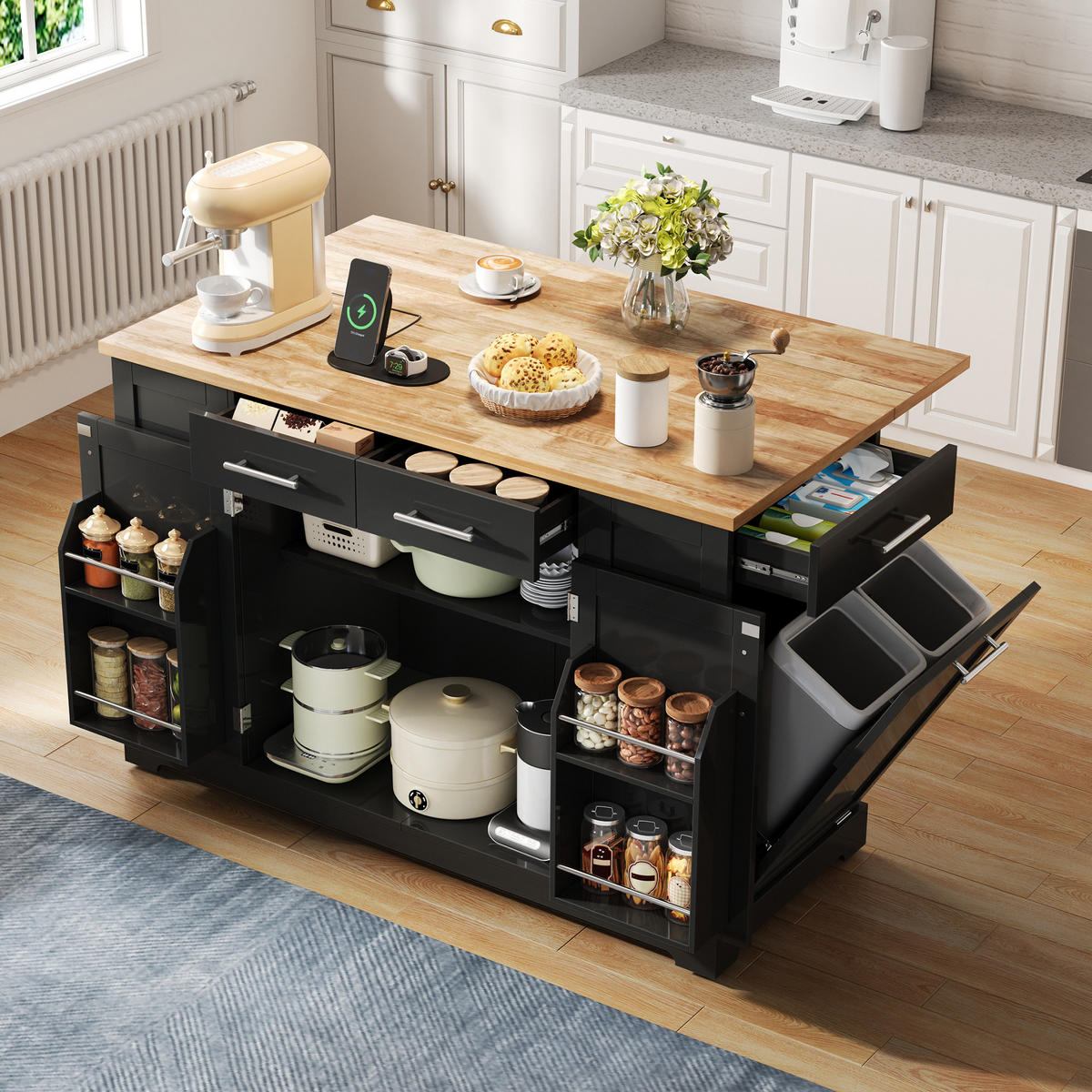 KÜCHENINSEL DE-41410 138/56-86/92 cm, Klapparbeitsplatte und Müllraum Schwarz/Holzoptik - Schwarz/Naturfarben, Holzwerkstoff (138/92/86cm) - ComfortXL