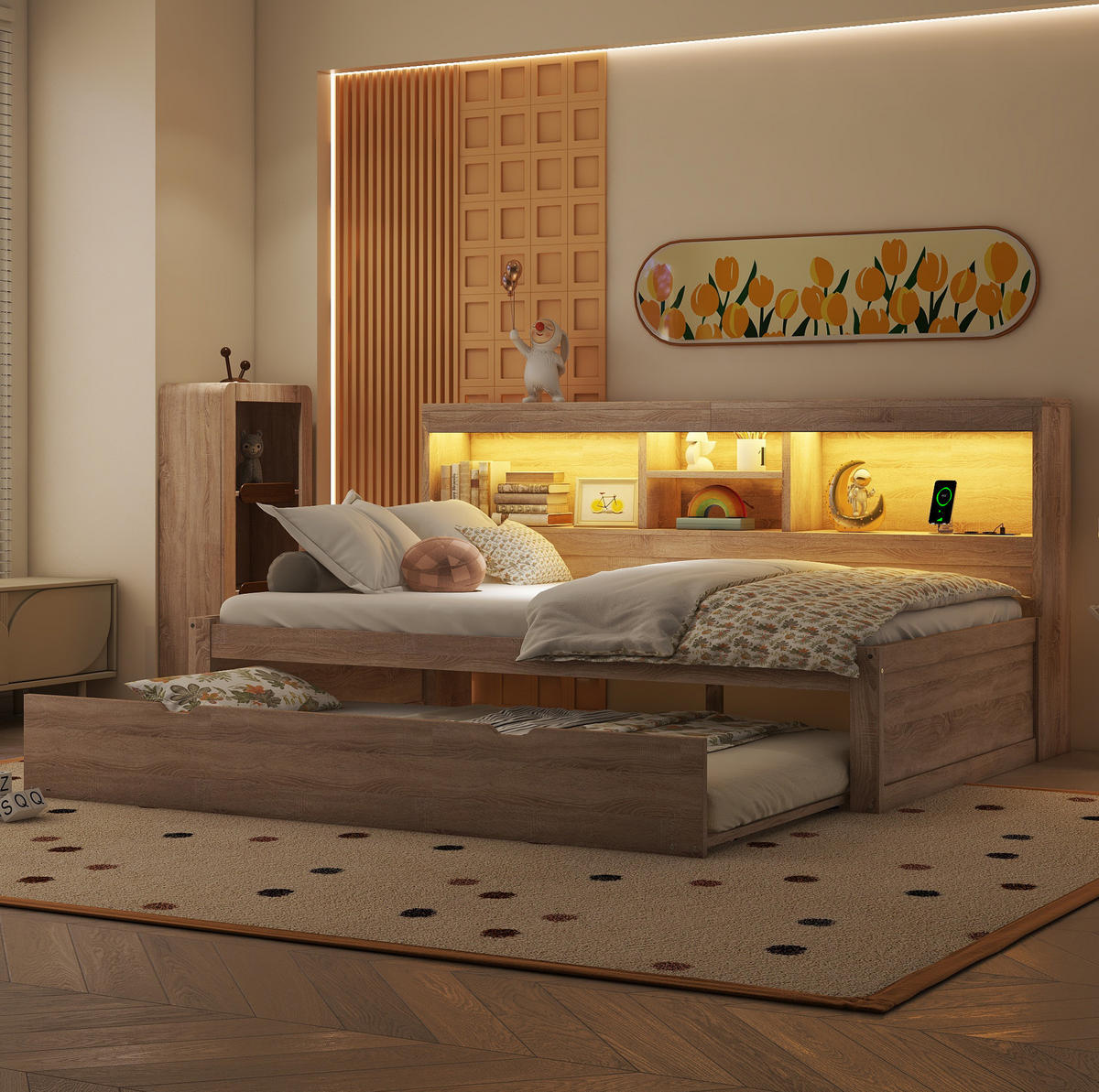 TAGESBETT aus Spanplatte und MDF 90x200 cm Natur mit LED-Beleuchtung, USB-Anschluss, Steckdose, Ausziehbett und Stauraum - Naturfarben, Holzwerkstoff (90/200cm) - Modfu