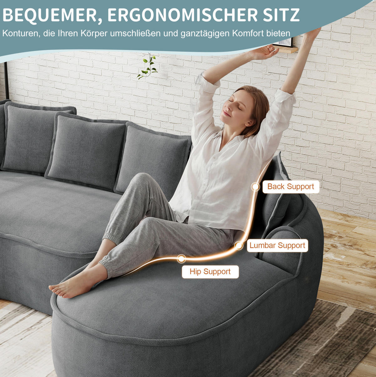 ECKSOFA 252/164/67 cm modular grau aus Chenille rahmenlos mit Schlaffunktion - Grau, Textil (164/252cm) - OKWISH