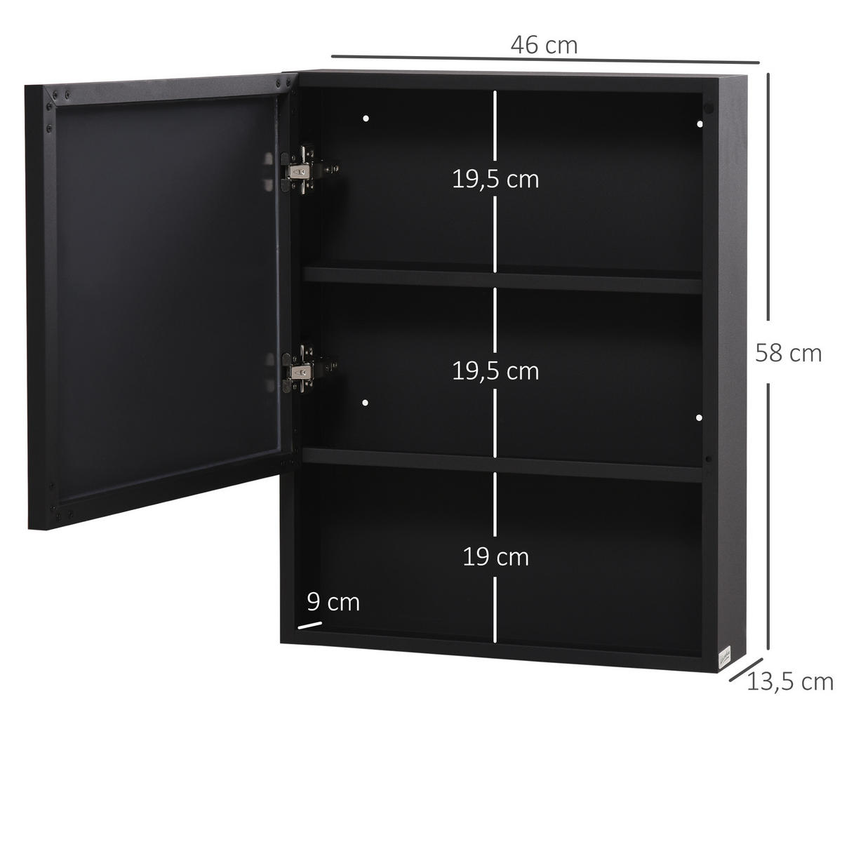 BADEZIMMERSPIEGELSCHRANK 46x13.5x58 cm Schwarz mit Spiegeltür & 3 Regalfächern - Schwarz, Metall (46/58/13.5cm) - Modfu