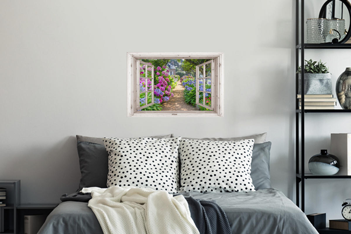 WANDTATTOO Hortensie - Fensterblick - Blumen - Sommer - Lila - Weg 60x40 cm - Lila, Kunststoff (60/40/0.1cm) - MuchoWow
