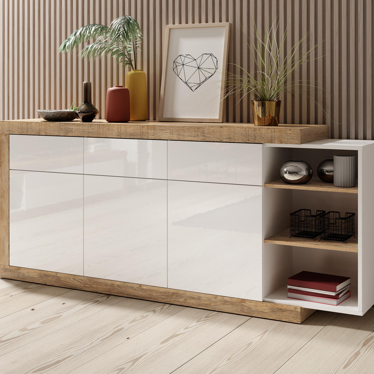 SIDEBOARD SINFONIA 200/86/40 cm mit 3 Schubladen und 3 Türen Eichefarben - Eichefarben/Weiß, Holzwerkstoff (200/86/40cm) - MASSENO
