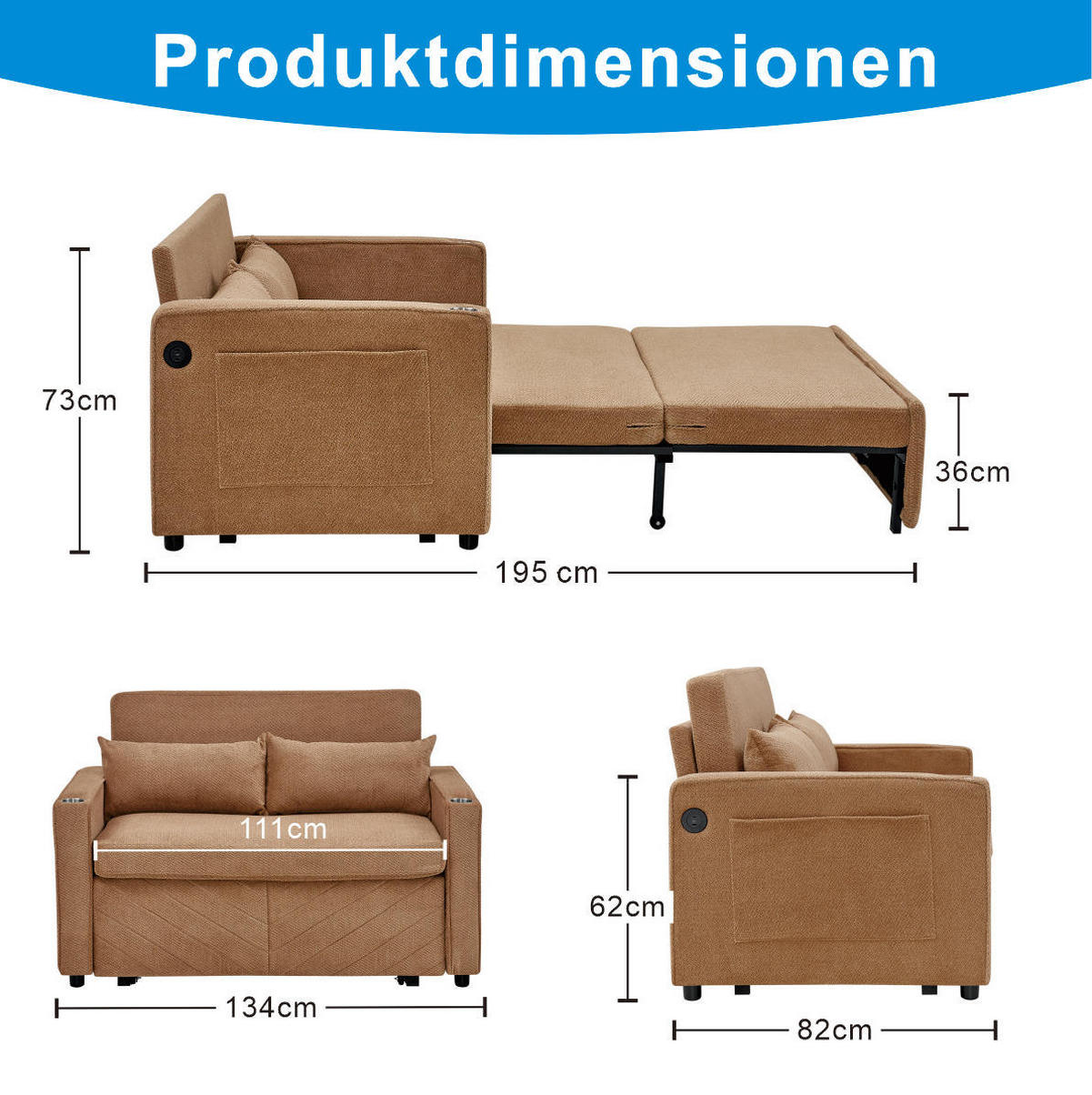 SCHLAFSOFA aus Holz und Stoff mit USB-Ladeports und Schiebe-Transform-Funktion Orange - Orange, Holz (134/73/195cm) - Modenvie