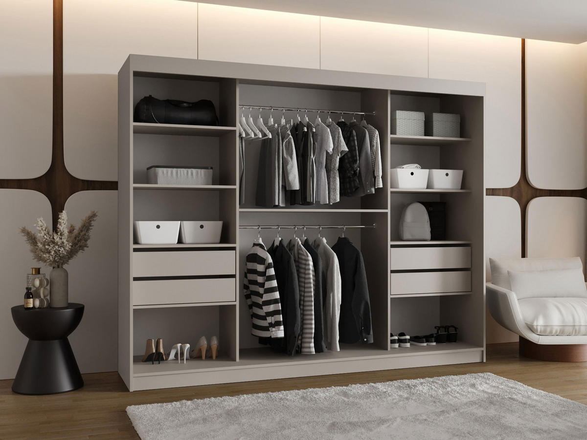 SCHWEBETÜRENSCHRANK Bahrajn 250 mit Schubladen und LED - Kaschmir/Silberfarben, Holzwerkstoff/Kunststoff (250/200/62cm) - MIRJAN24