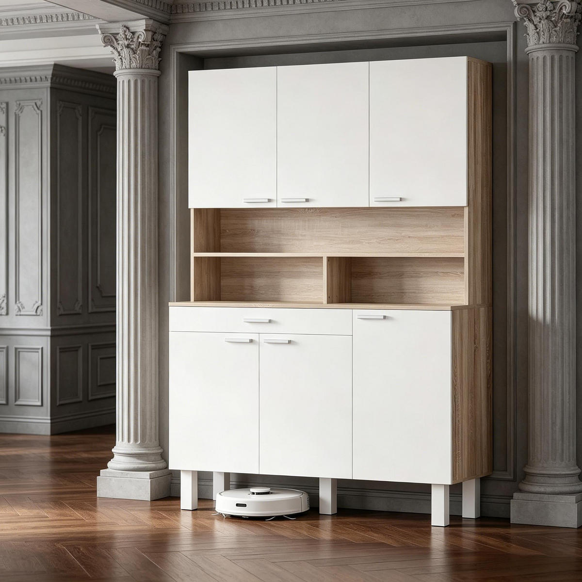 BUFFET DE-38824 120/40/175 cm 6 Türen und Schublade Weiß - Weiß, Holzwerkstoff (120/175/40cm) - ComfortXL
