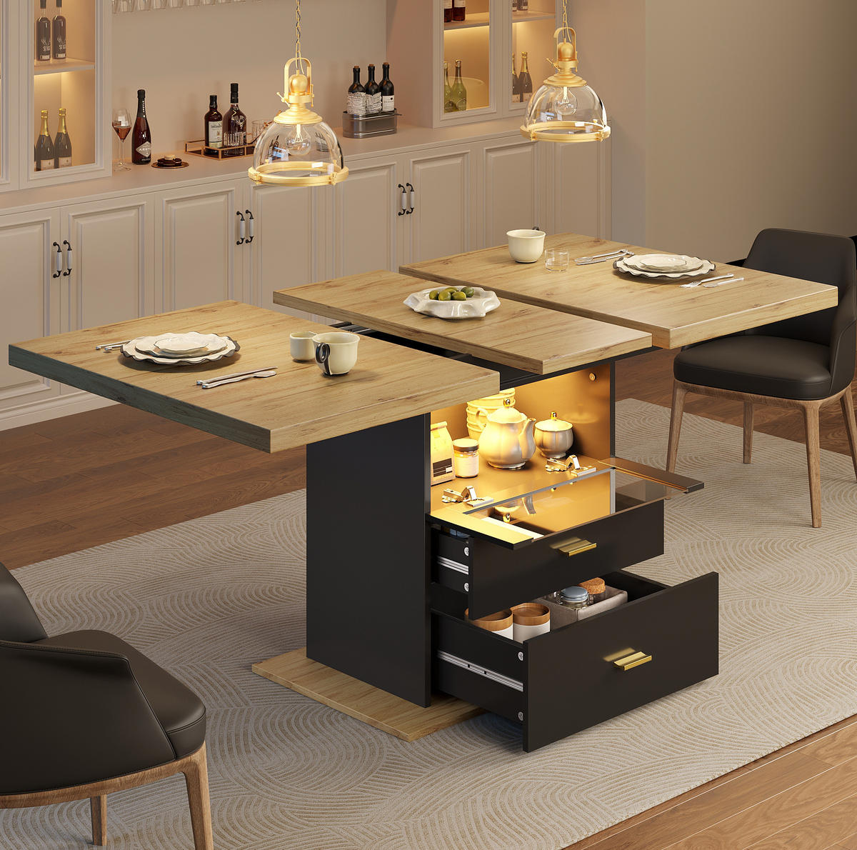 JEDÁLENSKÝ stôl 110/140/80/75 cm dekor dreva MDF/kov čierny s LED osvetlením - prírodná farba, kompozitné drevo (140/80/75cm) - BEAOK