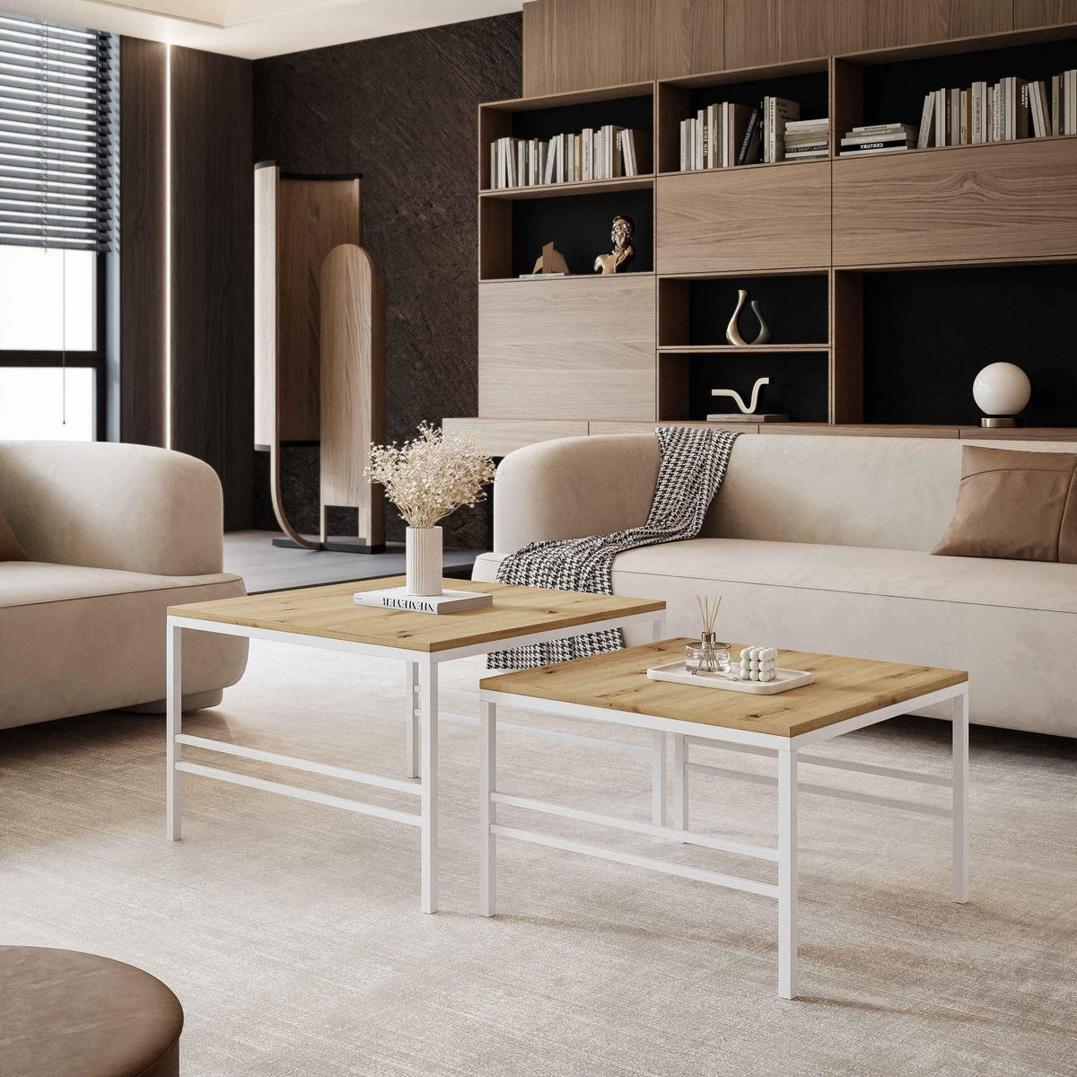 COUCHTISCH Wotan Eiche Weiße Rahmen - Naturfarben/Weiß, Holzwerkstoff (70/70/46cm) - Idohome