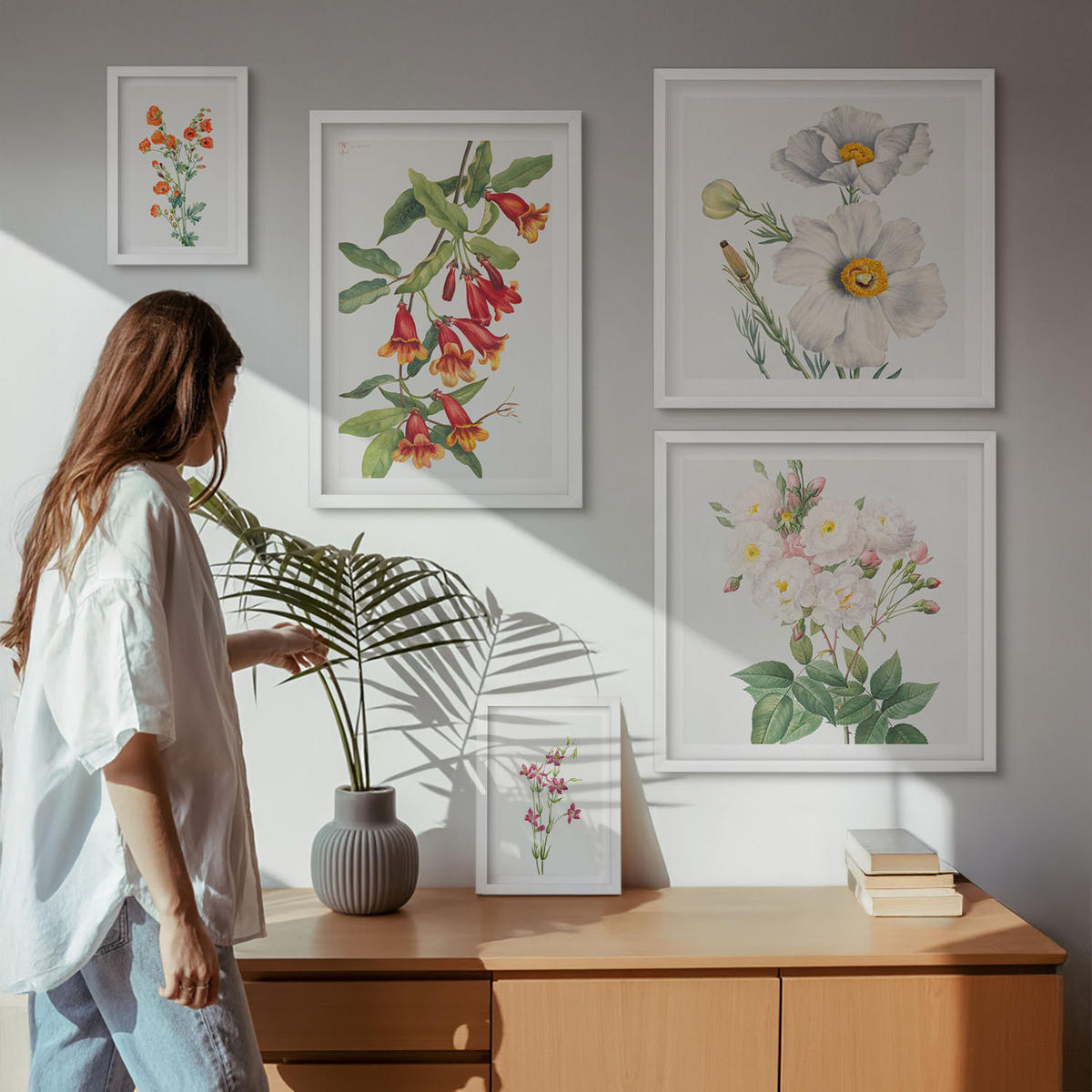 WANDBILDER 5er-Set - 50x50 cm & 20x30 cm & 40x60 cm Weißer Rahmen - Blumenmalerei im Retro-Stil - Weiß, Kunststoff (40/60cm) - ArtPrintCave