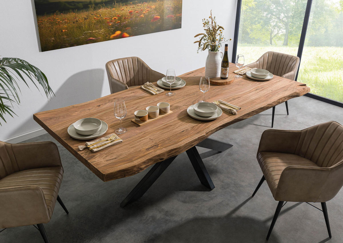 BAUMTISCH Sheesham 220x100x77 natur gebeizt / Kreuzgestell anthrazit glänzend FREEFORM 5 - Naturfarben, Holz (220/100/77cm) - Massivmoebel24