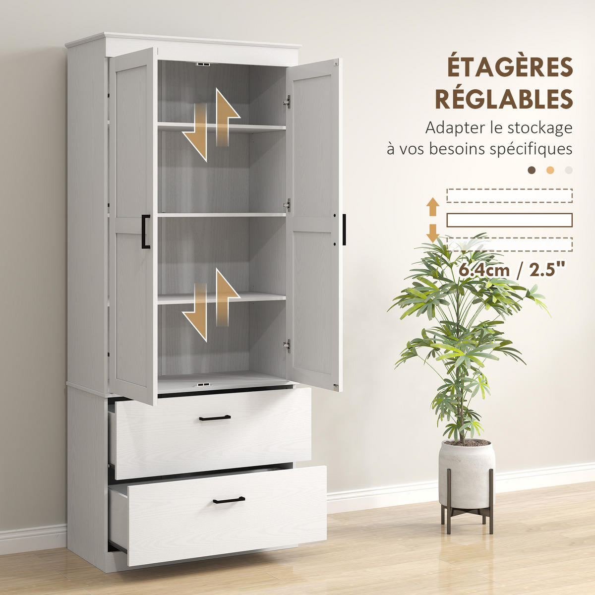 HIGHBOARD DE-11114 2 Schubladen & verstellbare Böden Creme - Weiß, Holzwerkstoff (39/178/75cm) - ComfortXL