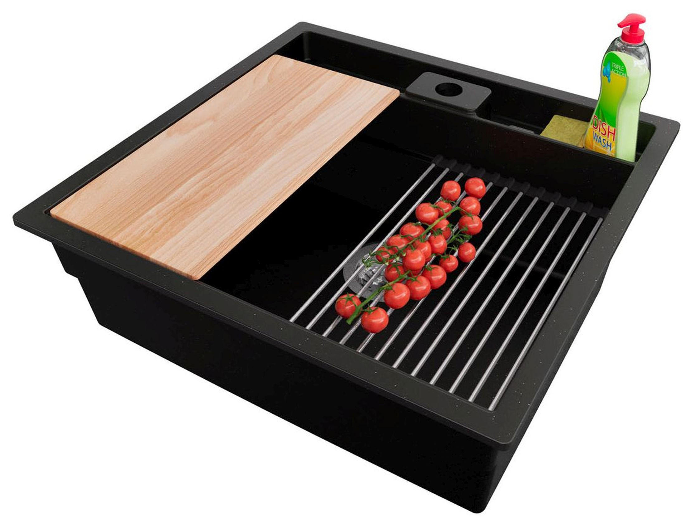 SPÜLBECKEN Bergen Pocket, 2-er set Schwarz Metallic 56/54 cm 1 Becken + Ablauf-Set + Küchenzubehörset ab 60er Unterschrank - Chromfarben/Schwarz Hochglanz, Kunststoff (56/20/54cm) - Primagran