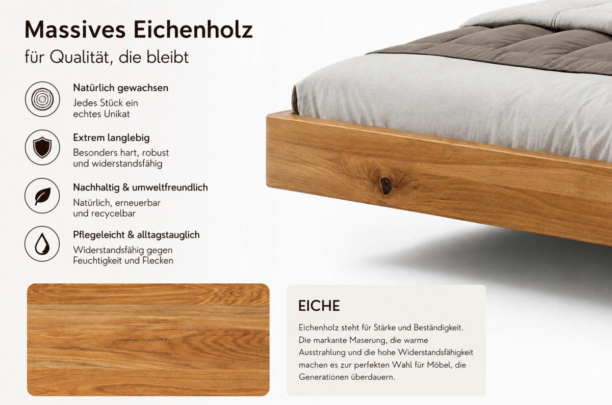 MASSIVHOLZBETT Lena mit 2 Nachttischen, 180/200, Eiche - lackiert, Naturfarben - Eichefarben, Eichenholz/Holz (180/200cm) - Visby
