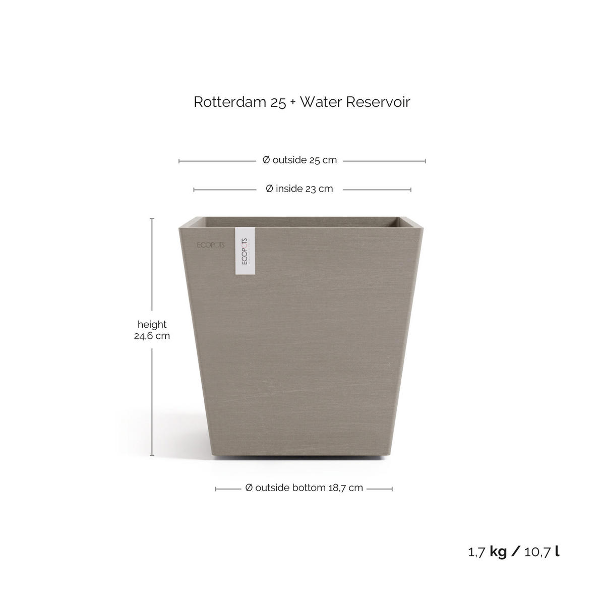 BLUMENTOPF mit Wasserreservoir Rotterdam 25/25/24,6 cm Taupe - Taupe, Kunststoff (25/24.6cm) - Ecopots