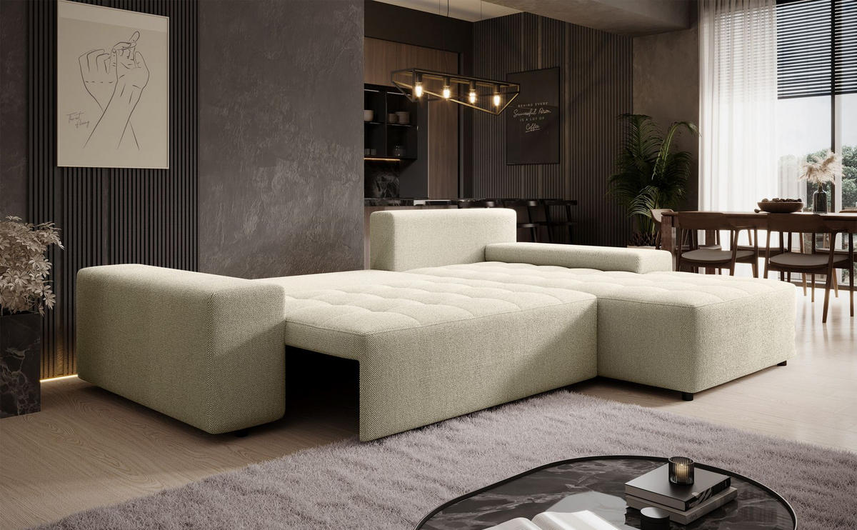 ECKSOFA Neluro Hellbeige Chenille wasserabweisend - Ecru/Schwarz, Kunststoff/Textil (268/184cm) - Selsey