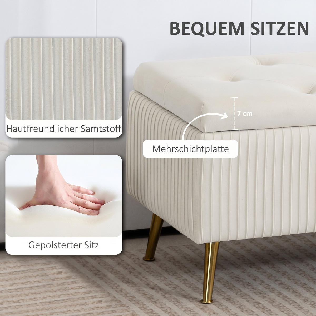 SITZTRUHE Mehrschichtholz Schaumstoff Samt Eisen Cremeweiß - Goldfarben/Creme, Textil/Metall (44.5/46/110cm) - HOMCOM