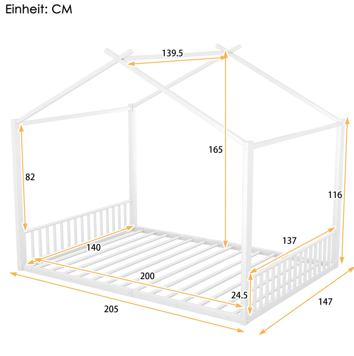 HAUSBETT aus Metall 140x200 cm Weiß in Hausform, stabile Konstruktion und pflegeleicht - Weiß, Metall (140/200cm) - Modfu